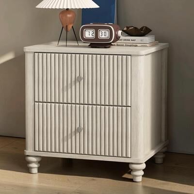 CARMORICO Mid-Century Fluted Wooden Nightstand, 21.65 Inch Wide 3-Drawer Bedside End Table with Metal Pull Handles