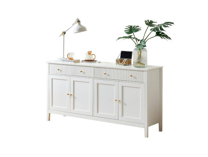 Komhtom Sideboard mit zwei Schubladen und vier Türen, goldene Griffe - Weiß, Holz, Mode, 39x82x160 cm, Kleinmöbel, Kommoden, Sideboards