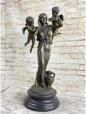 Bronzhaus Signed Moreau Young Lady With Two Angels Bronze Sculpture Statue Figurine Decor