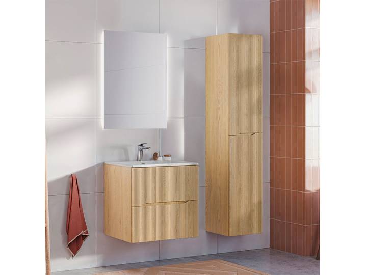 Ensemble meuble simple vasque encastrée 60cm et colonne Isaline Bois