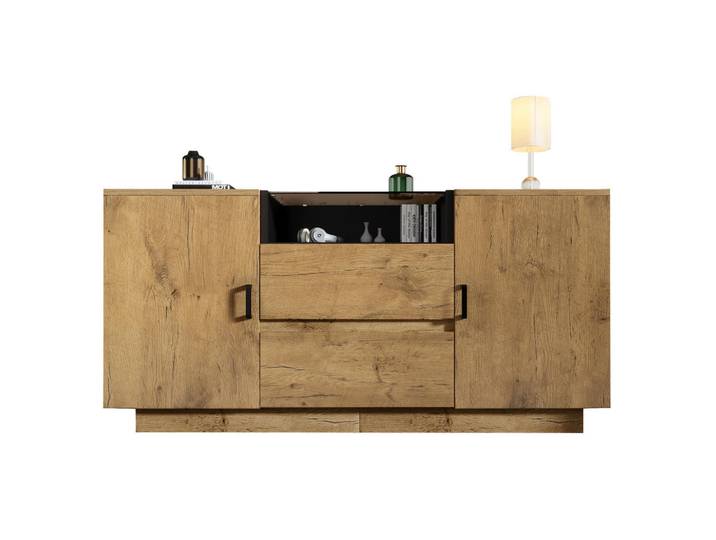 Modfu Sideboard aus Holzwerkstoff und ESG-Glas 140x40x70 cm Eichefarben mit 2 Schubladen, 2 Türen und offenem Fach, 140x70x40 cm, Kleinmöbel, Kommoden, Sideboards
