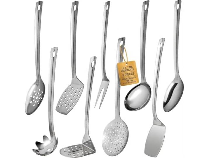 Edelstahl Kochutensilien Set 9-tlg Metall Küchenhelfer Set 33cm Hochwertige Kochutensilien, hitzebeständig, spülmaschinenfest, strapazierfähig