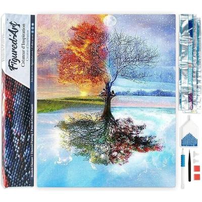 FiguredArt DP-1182 - Diamond Painting, Baum, 4 Jahreszeiten, 5D Bild (40x50cm) mit eckigen Steinen, DIY Bastelset