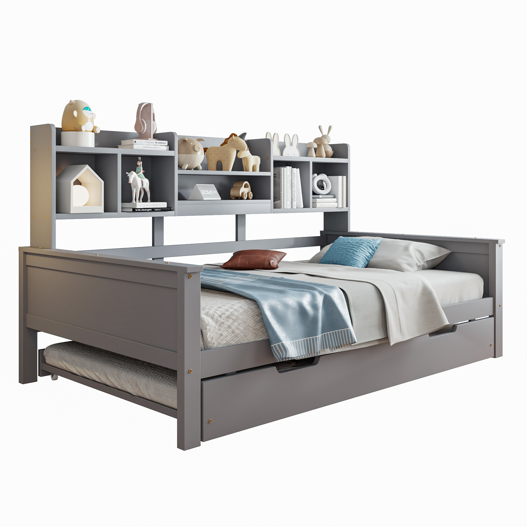 Abrihome Kinderbett 90x200cm mit Ausziehbett, Schlafsofa Holzbett mit Staufächer und Lattenrost, Grau