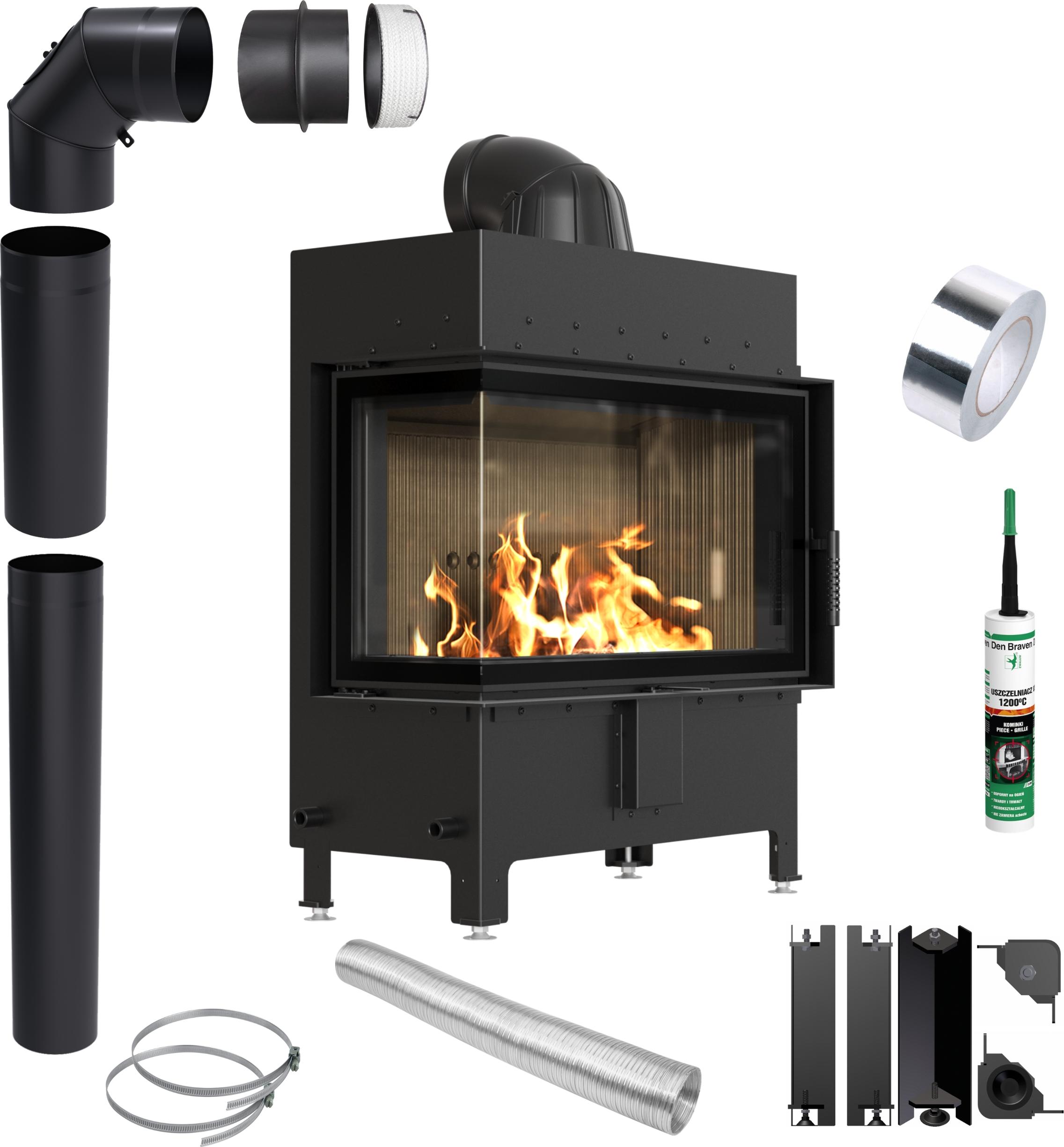 Kamin KRATKI LUCY Links 14 kW Ø200 SCHWARZ Montageset mit Schließung