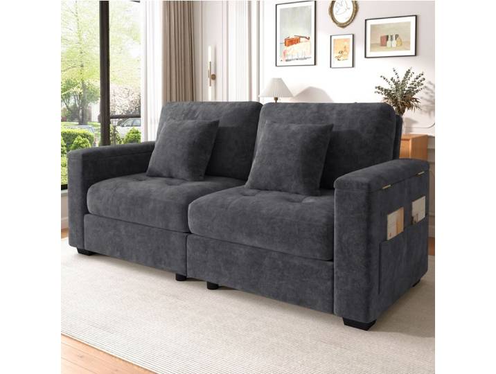 WOVREO Canapé fixe 2 places 180 cm en chenille gris foncé avec rangement accoudoirs poches latérales et 2 coussins