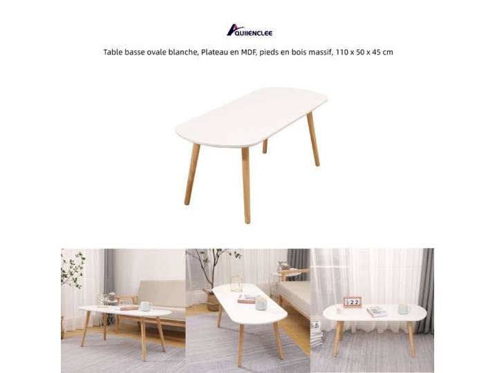 QUIIENCLEE Table basse ovale blanche Plateau en MDF pieds en bois massif 110 x 50 x 45 cm