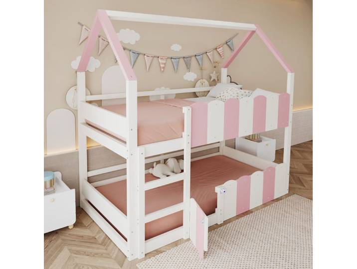 Lit Superpose Enfant Cabane avec Echelle et Garde-Corps Rehausses - TCQPZ - en Bois Blanc et Rose 90 × 200 cm