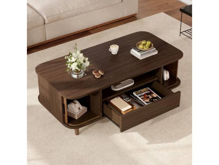 Merax Couchtisch mit Stauraum, 100x50x35 cm, Walnussoptik Mit 1 Schublade, 2 Rolltüren, offenem Fach und vier Eckfächern für praktische Aufbewahrung im Wohnzimmer.
