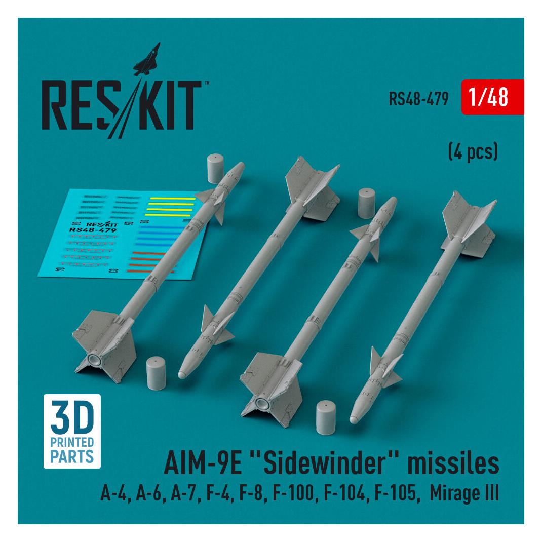 ResKit AIM-9E Sidewinder missiles (4 pcs) (A-4, A-6, A-7, F-4, F-8, F-100, F-104, F-105, Mirage III) (3D Pr (RS48-0479)