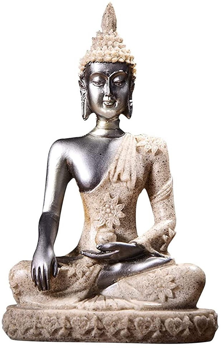 Dailygoods Boeddha Standbeeld Zandsteen - Handgesneden Meditatie Beeldje - Zwart/Goud