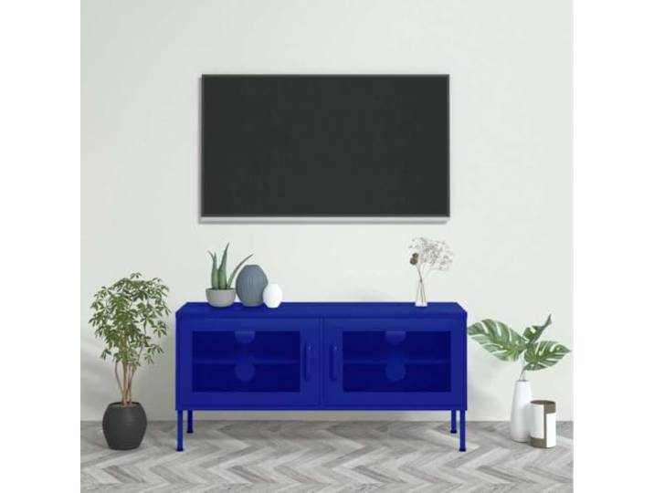 HEFZGDB TV-Schrank Marineblau 105x35x50 cm Stahl mit 2 Gittertüren und Regal, Stahlkonstruktion robust langlebig, 4 Löcher für Kabelmanagement, Nivellierer, Aufbewahrungslösung