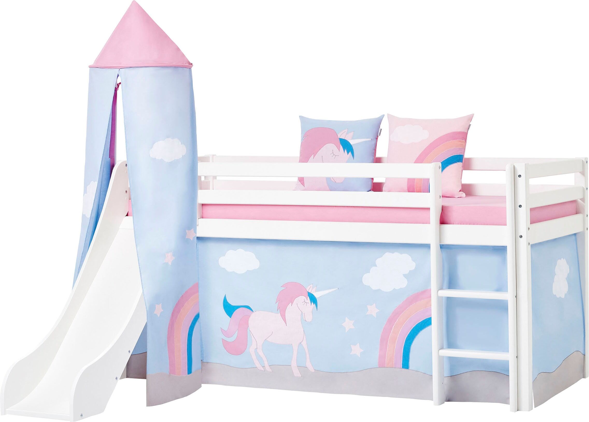 Bettturm HOPPEKIDS "«Einhorn»", blau (babyrosa, babyblau), B:168cm H:185cm L:115cm, Spieltunnel, Bettturm, Bettturm für Hochbett / Spielbett babyrosa, babyblau B/H/L: 168cm x 185cm x 115cm
