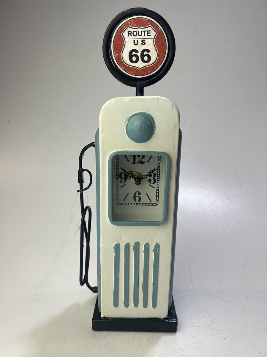 Retro Route 66 benzinepomp bureauklok - Blauw metaal