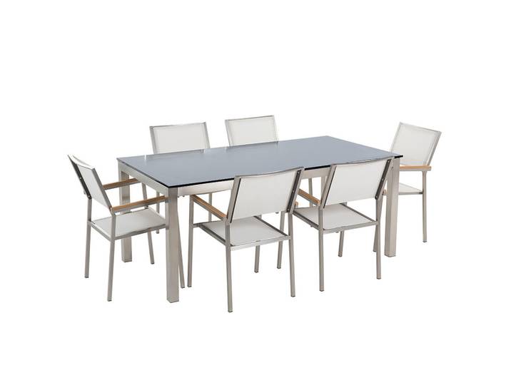 Beliani Gartenmöbel-Set 6-Sitzer Glasplatte schwarz Textilbespannung weiß Grosseto, Schwarz, Weiß, Silberfarben, Gartenmöbel, Gartengarnituren, Gartenmöbel-Sets