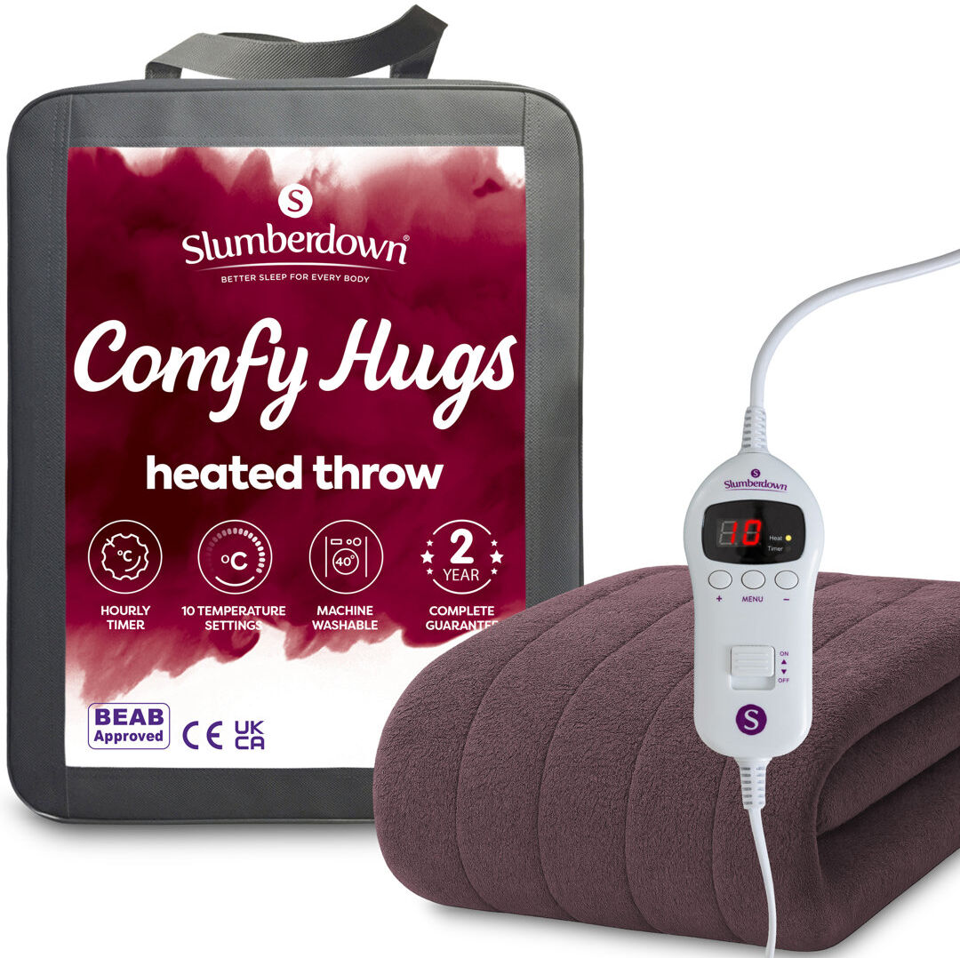 Slumberdown Comfy Hugs Heated Throw – Large Electric Blanket for Beds, Sofas & Settees, Ultra-Soft Fleece with 10 Heat Settings & Adjustable Timer – W Plum 160cm W X 130cm L