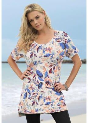 Plus Size Women's Plus Size Printed Slub Tunic Top by Roaman's in White Petunia Floral (Size 14/16) Long Shirt