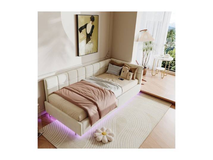 ADWOLT Lit simple 90 x 200 cm Cadre de lit d'angle avec tête de lit Lit coffre 90x200 cm Beige Velours