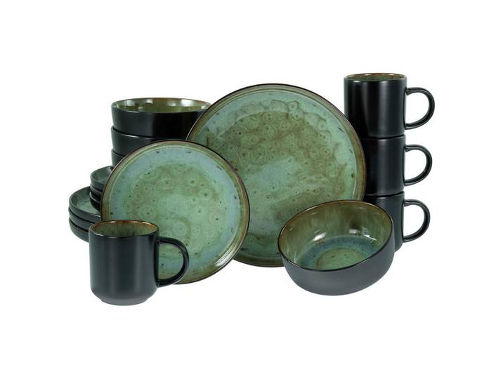 Creatable Kombiservice Nordic Fjord Beige, Grün, Schwarz, Keramik, 16-teilig, 300 ml,450 ml, lebensmittelecht, stapelbar, Essen & Trinken, Geschirr, Geschirr-Sets, Kombiservice