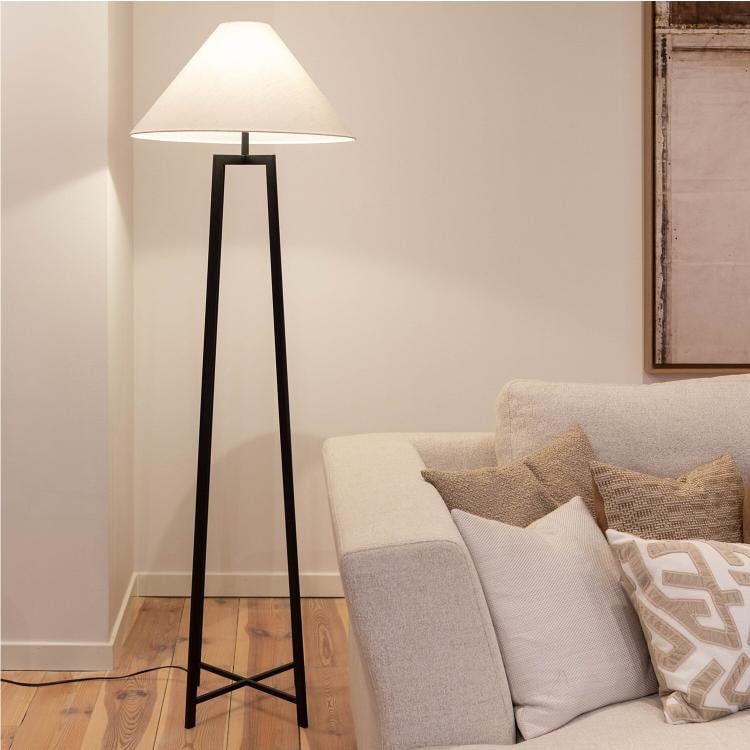 Atmooz Leoni staande lamp - Zwart - Witte linnen lampenkap - Hoogte: 170 cm - Metaal - E27 fitting - 60 W - Industriële stijl