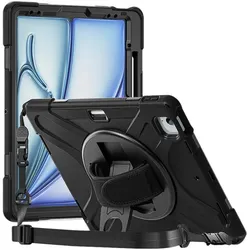 DLH Reinforced Case With Stylus Slot Shoulder Strap Rotating Han (Apple iPad Air 13 2024, Apple iPad Air 13 2025), Tablet Hülle, Schwarz