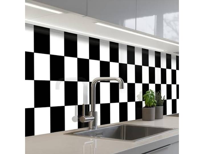 KitchenYeah© Spritzschutz Küchenrückwand Selbstklebend Küche Rückwand 60x400 cm - Küchenwand Wand Küchenfront Verkleidung Küchenspritzschutz Schachbrett - Muster - Schwarz Weiß