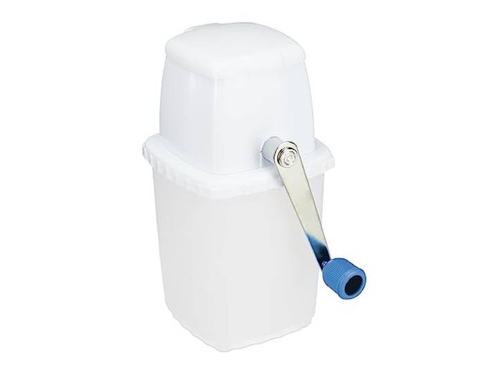Relaxdays ijscrusher, handmatig, met hendel, kunststof & rvs, baraccessoire, crushed ice voor cocktails, wit/blauw