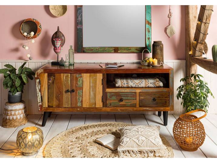 Meuble TV 160x45 Bois de récupération laqué Multicolore SIXTIES #116