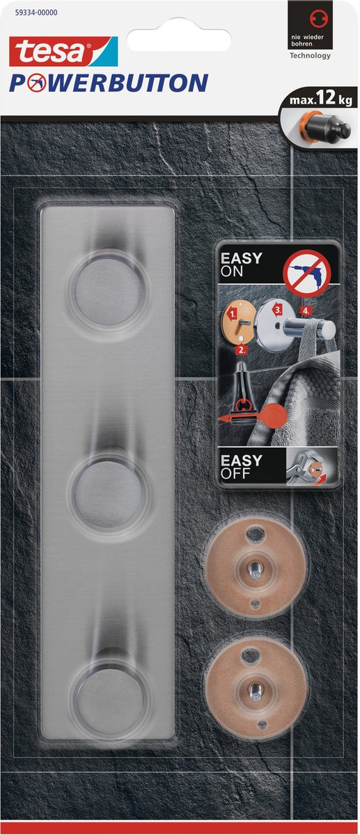 Tesa Powerbutton RVS hakenrek 3-haaks met verwijderbare haken