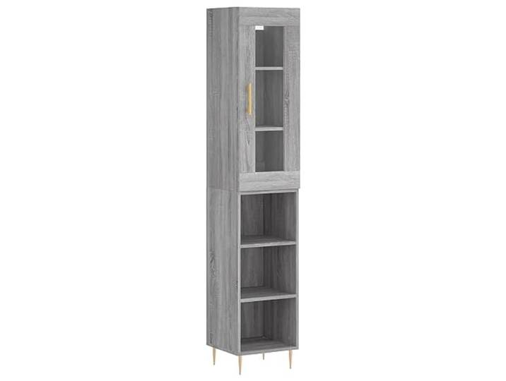 Fisinber Highboard Schrank Grau Sonoma 34,5x34x180 cm Holzwerkstoff Schmaler Standregal-Schrank mit Glaselementen und Eisenbeinen. Ideal für mehr Ordnung im Wohnzimmer und Flur.
