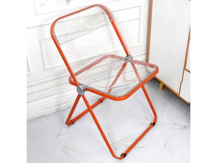 LIHDNGXM Moderne transparente Falt-Esszimmerstühle, Faltbarer Stuhl aus klarem Acryl mit Hardware, tragbarer Metallrahmen, faltbar für zu Hause, Büro und Veranstaltungen(Orange Frame)