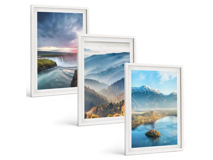 Tulup Bilder SET 3er Set - 40x60 cm Weißer Rahmen - Berglandschaften, Wasserfälle, Kunststoff, Rechteckig, 40x60 cm, gerahmt, Bilder & Rahmen, Bilder