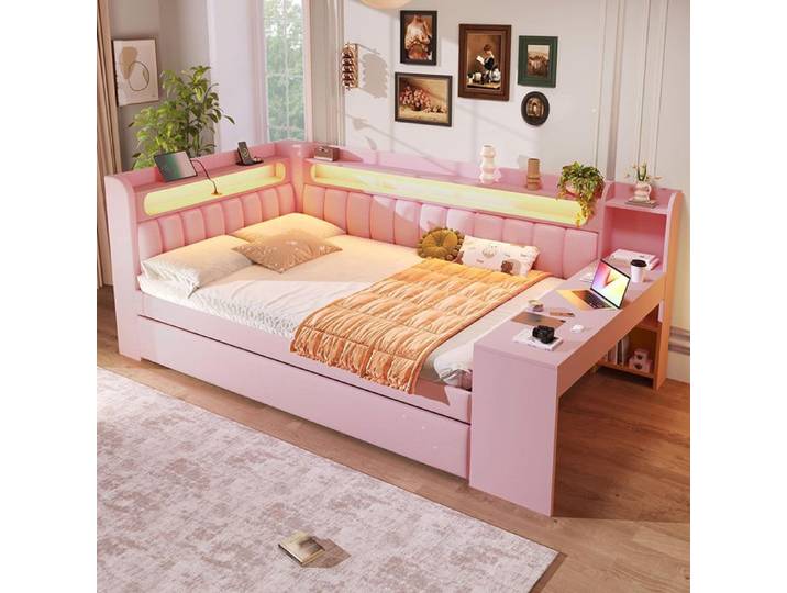 Lit de Repos 140x200 cm Gigogne Intégré Bureau LED & USB Rose Pastel