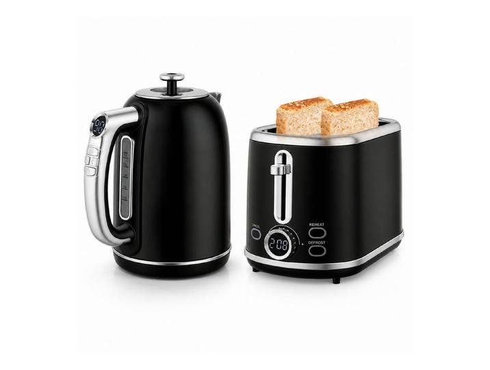 Ledklang Toaster 2-Scheiben Wasserkocher Set 1,7 L Edelstahl Wasserkocher Küchen Set, 2200 W, Edelstahl Wasserkocher und Toaster Stahl, schwarz