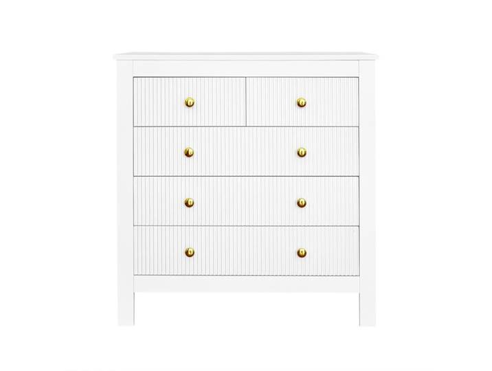 Commode 5 Tiroirs Texturés avec Poignées Dorées - MEUNIQ - Blanc Panneaux de Particules 80 5×39 5×79 cm