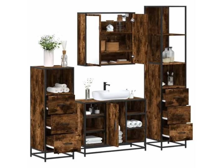 HWKQEQRF 4-TLG. Badmöbel-Set Räuchereiche Holzwerkstoff Metallgestell,Lowboard,Spiegelschrank,Wandmontage,Waschbeckenunterschrank,Stauraum,Industrie-Stil