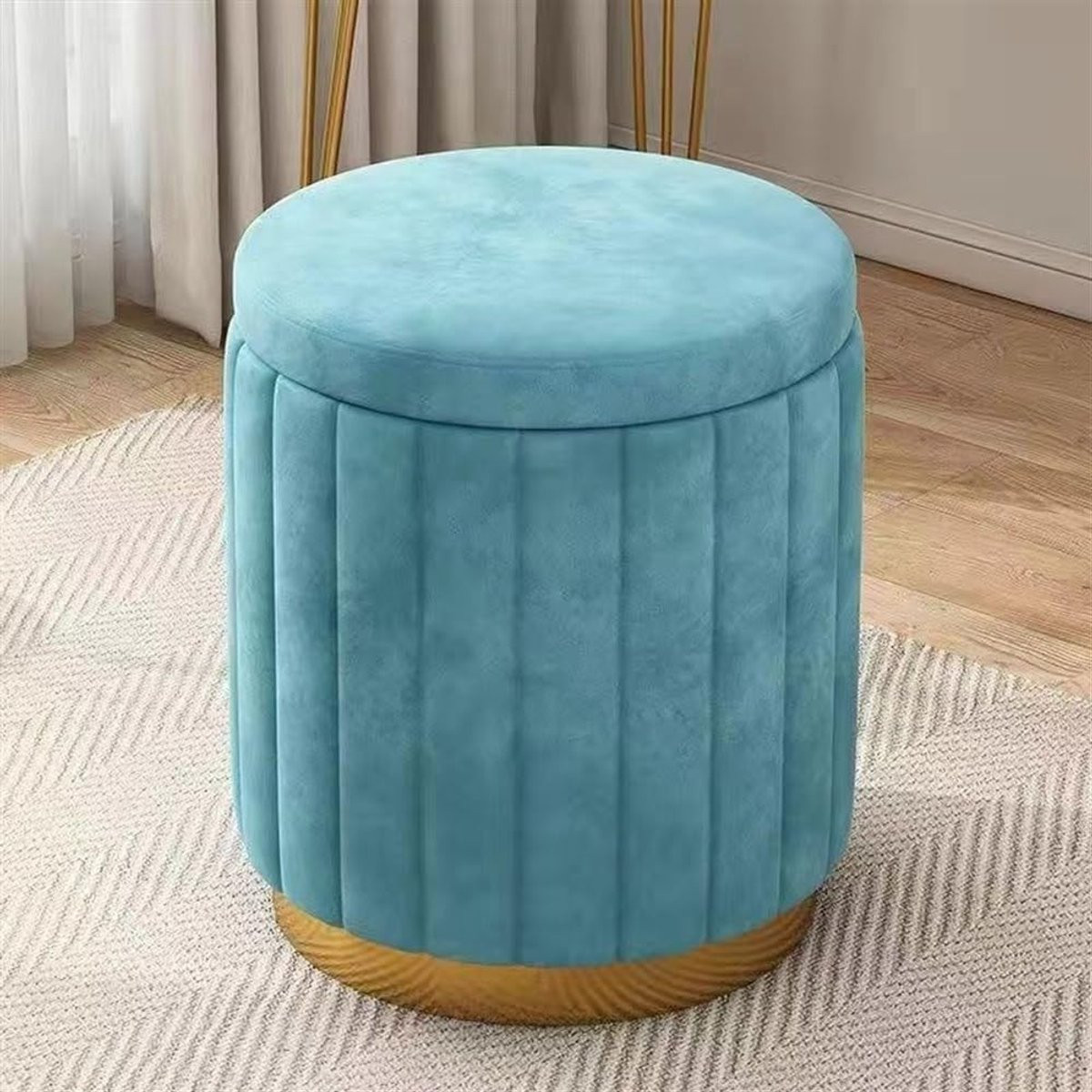Blauw Fluwelen Poef met Opbergruimte