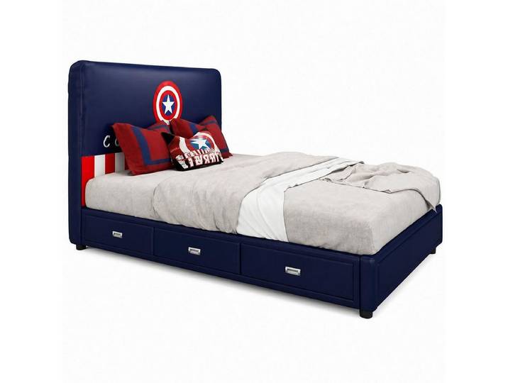 Xlmoebel Kinderbett Blaues Kinderbett aus Leder im Captain America Design für Jungen, Made in Europa