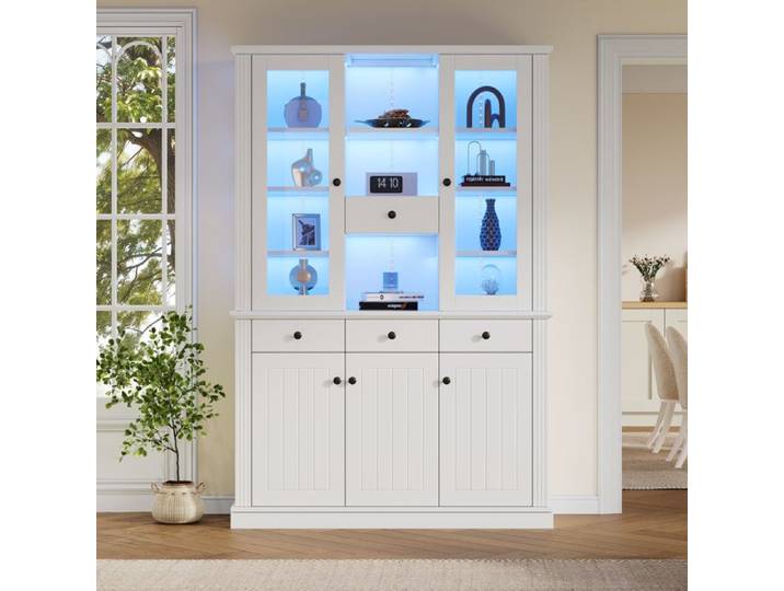 Vitrine avec LED Armoire Vitrine Pour Collection avec 5 Porte 4 Tiroirs Meuble Vitrine Blanc