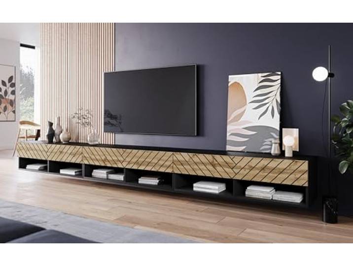 MINIO go for it - TV-Schrank Anne, Lowboard mit Türen und Regalen - LED Offene Nischen Laminierte Spannplatte, mit LED Beleuchtung, Schwarz matt / Eiche Wotan Farbe mit 3D-Fischgrätmuster