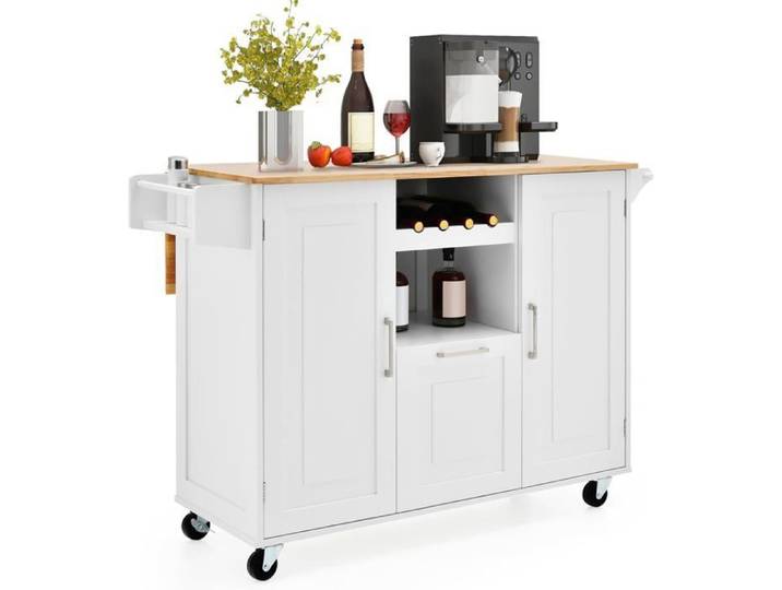 GOPLUS Desserte de Cuisine à Roulettes 130x74x90CM avec Plateau Pliable-Porte-Bouteilles/2 Armoires à Portes/Poignée Blanc