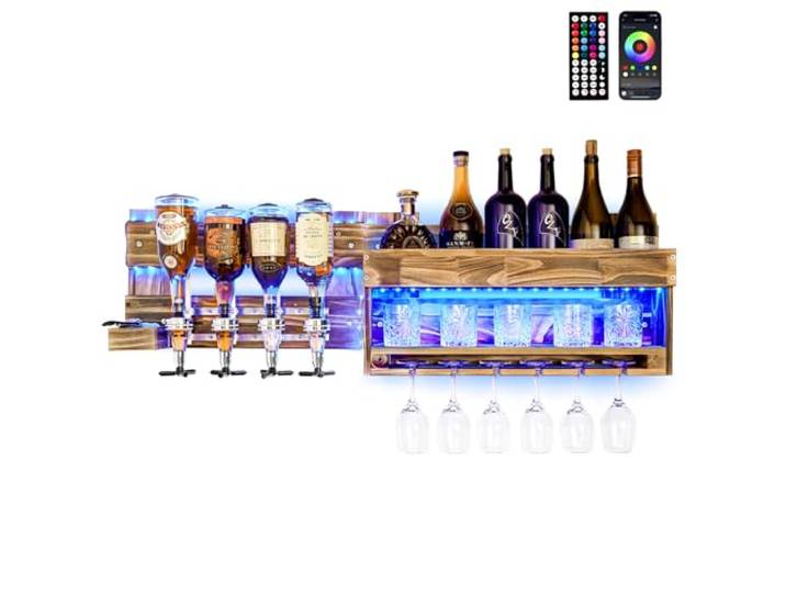 Yorbay Weinregal Palette Geflammt Holz: Wandbar mit 4 Getränkespender Vintage Wand Flaschenhalter mit 6 Glashalter - Weinaufbewahrung für Bar Küche Esszimmer (mit LED-Licht)