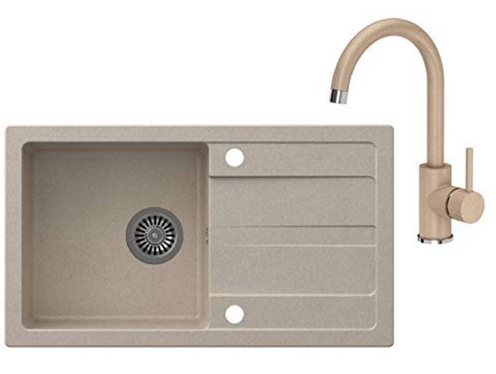VBChome Spüle mit Armatur 77 x 44 cm Beige Granit Einzelbecken Einbauspüle Abtroffläche gesprenkelt reversibel Verbundspüle Küchenarmatur + Siphon + Spülmittelspender