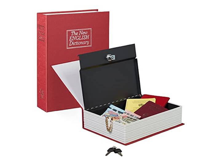 Relaxdays boekkluis, afsluitbaar, met 2 sleutels, ziet eruit als woordenboek, HBD: 27 x 20 x 6,5 cm, rood