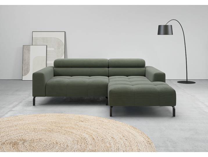 Ecksofa, Feincord, Oliv 223×179 cm, Kopfteilverstellung, Modern, Home-affaire