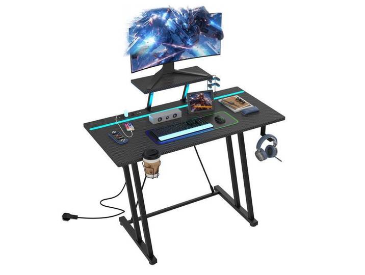 VIVOLILV Bureau Gaming LED - Table Gaming avec Prise Electrique - Porte Gobelet - Crochet pour Casque - Noir