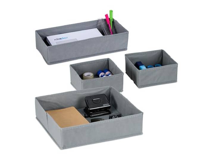 Relaxdays Organiseur de tiroirs\, 4 pièces\, système de rangement coiffeuse\, 3 tailles\, boîtes\, séparateurs\, gris