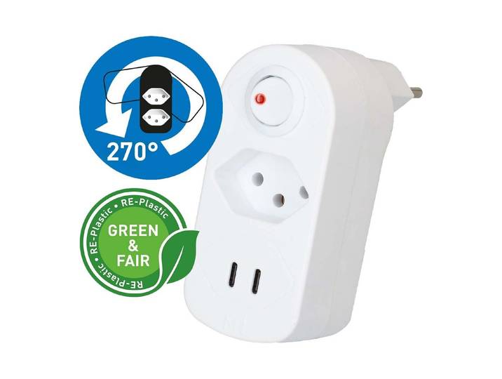 Max Hauri Abzweigstecker Adapt 1x Typ 13 Usb-C/C 20W weiss drehbar Green+Fair