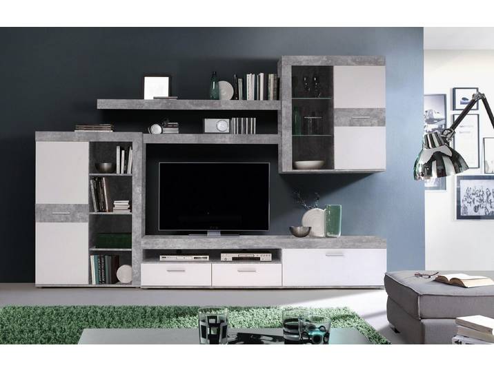 PREISBRECHER Wohnwand ZUMBA, in Betonoptik Lichtgrau / Weiss - 300x200,9x41cm (BxHxT)
