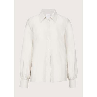 Langarmbluse MADELEINE "Hemdbluse Glanzbluse mit Hemdkragen", Damen, Gr. 38, weiß (wollweiß), Obermaterial: 80% Viskose CV. 20% Polyamid PA., Modern, figurumspielend, Blusen, Bluse mit Kräuslung am Ärmelsaum